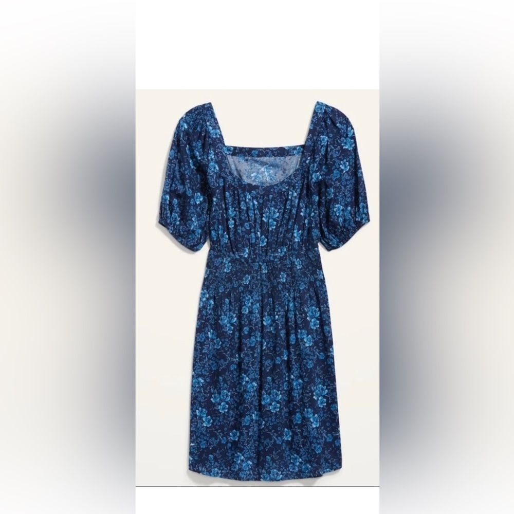 NWT Old Navy smock dress, puff sleeves, blue floral. Size Small